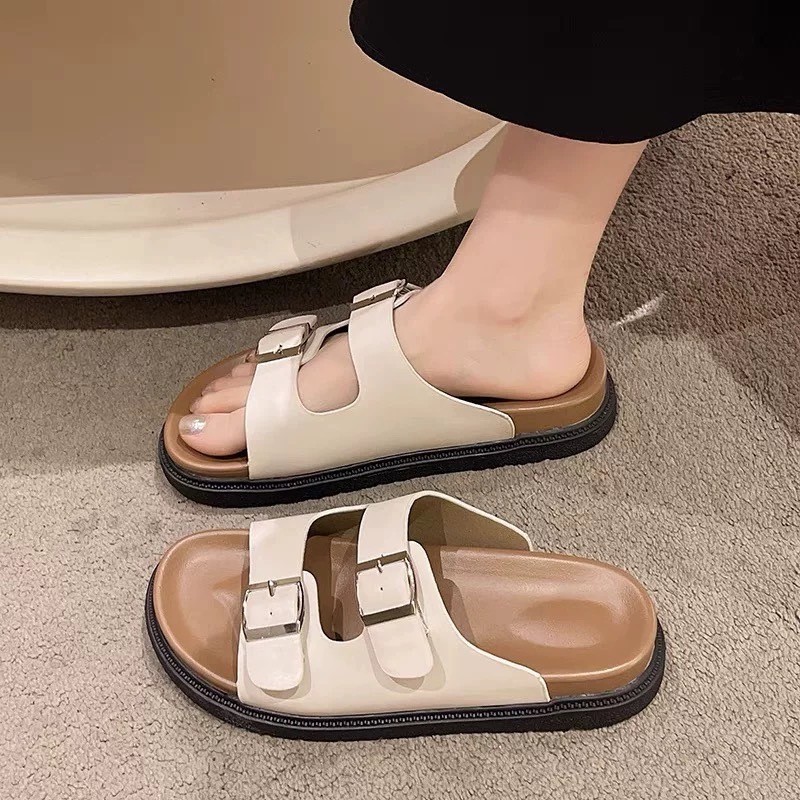 icyรองเท้าแตะ ยางPVC แบบสวม สายคาดคู่ สายคาดปรับระดับได้ แฟชั่น วินเทจ สำหรับผู้หญิง x109