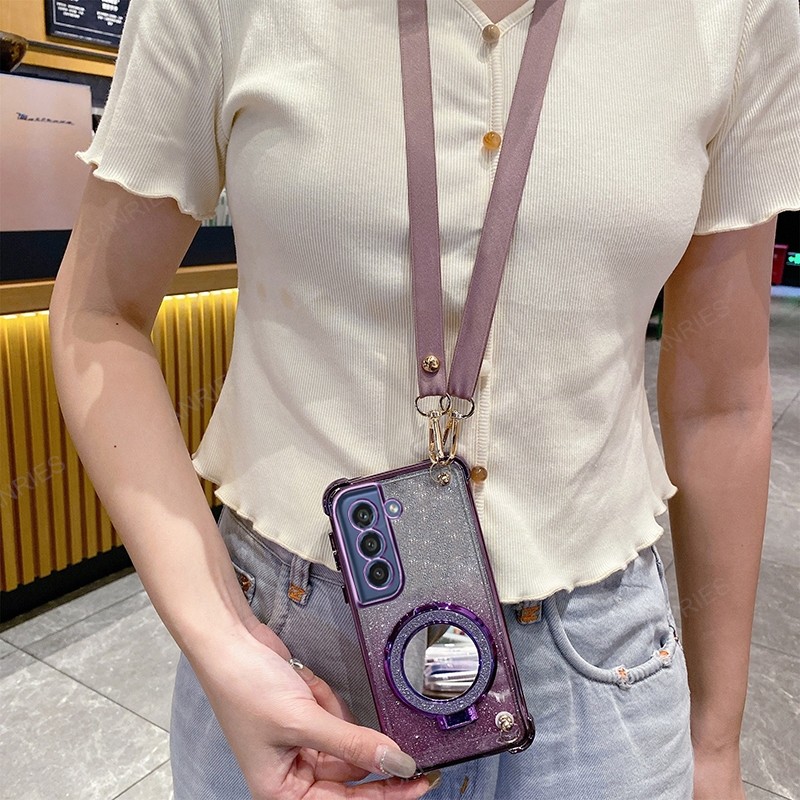 Samsung Galaxy S25 S24 Ultra S21 S24 S23 FE Plus Crossbody Lanyard สี่มุม Anti-Shock Plating Case กระจกแต่งหน้าขาตั้งฝาครอบ