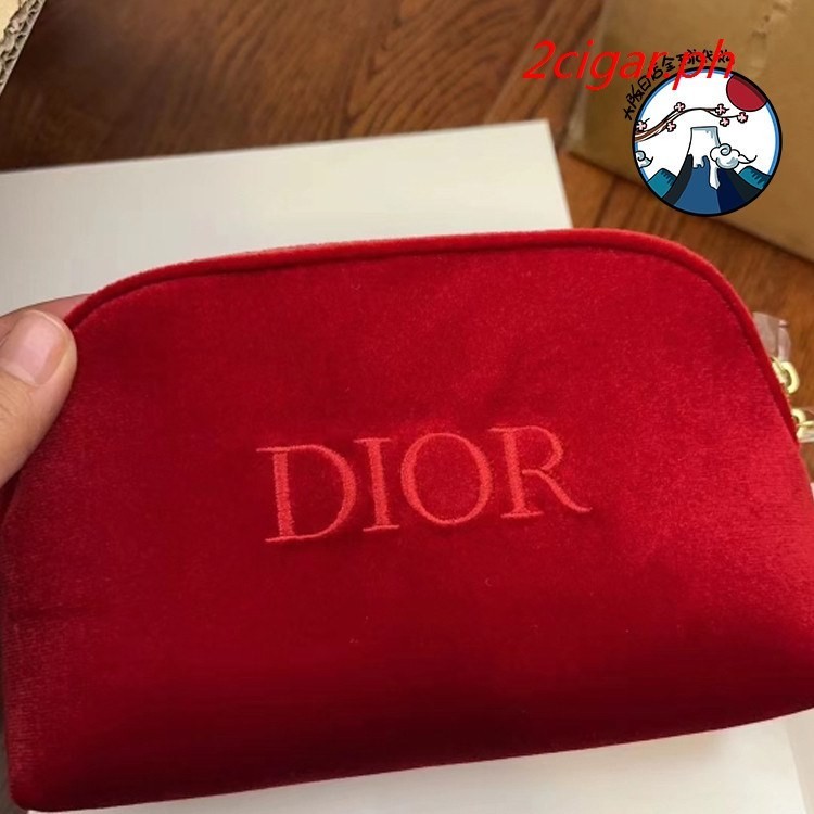 กระเป๋าเครื่องสําอาง ผ้ากํามะหยี่ ปักลายโลโก้ Dior สีแดง