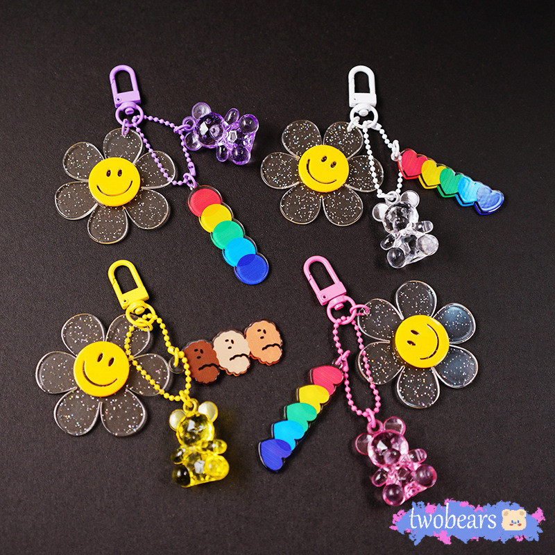 🌈พร้องส่ง พวงกุญแจลูกปัดสีพลาสเทล พร้อมจี้ดอกไม้อะคริลิก พวงกุญแจดอกไม้ จี้ห้อยกระเป๋า