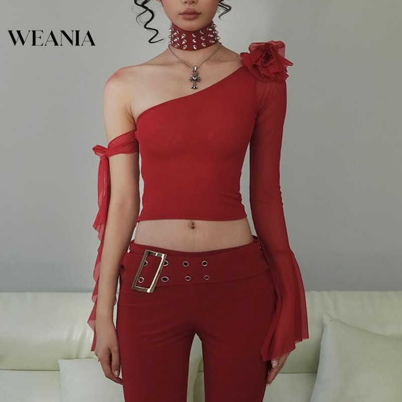 Weania เสื้อยืด แขนยาว เปิดไหล่ข้างเดียว ลายดอกไม้ เซ็กซี่ สําหรับผู้หญิง