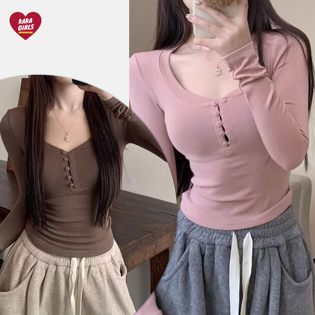 เสื้อยืดแขนยาว แต่งกระดุมหน้า ทรงรัดรูป เซ็กซี่ สาวหวาน สไตส์เกาหลี