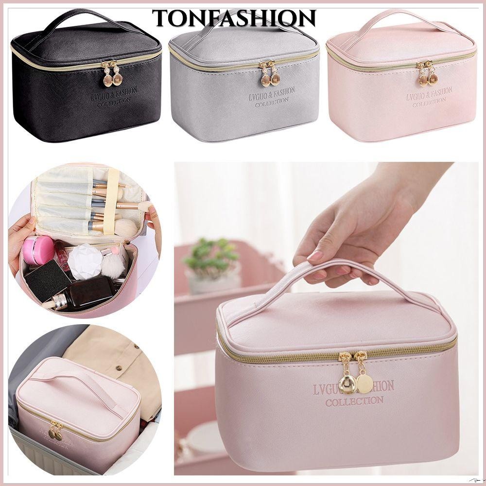 Tonfashion กระเป๋าเครื่องสําอาง หนัง PU มีซิป ความจุขนาดใหญ่ สําหรับเดินทาง