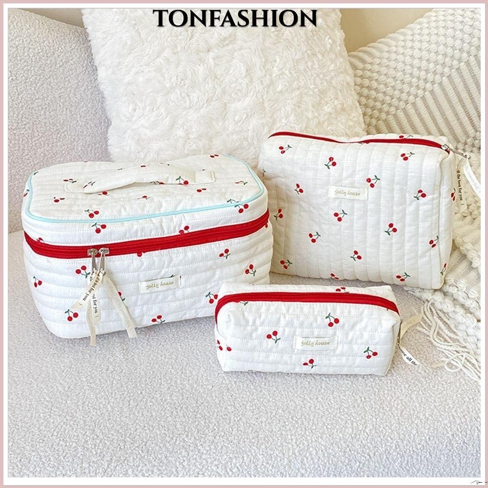Tonfashion กระเป๋าเครื่องสําอาง ลายเชอร์รี่ ความจุขนาดใหญ่ แบบพกพา แฟชั่นสําหรับผู้หญิง