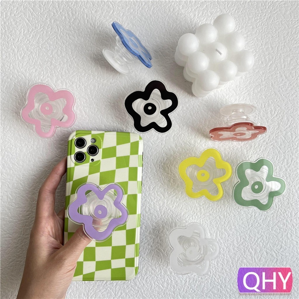 Qhy - ตัวยึดถุงลมนิรภัย แบบใส สไตล์แฟชั่น ดอกไม้ที่สวยงาม ที่วางสมาร์ทโฟน สากล น่ารัก สามารถยืนคลิปได้