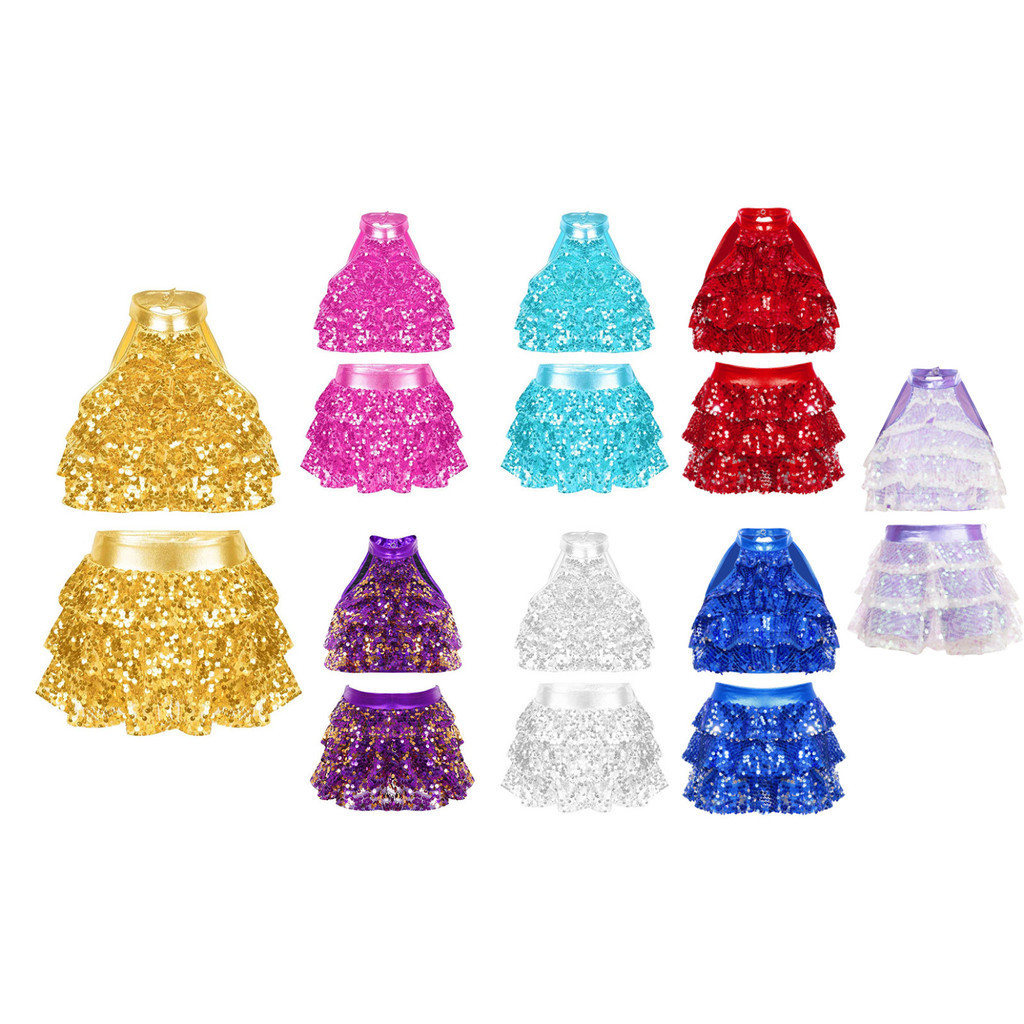 TiaoBug เด็กผู้หญิงสไตล์เสื้อผ้าแขนกุดรอบคอ Backless Shiny Sequins Tiered Crop Top พร้อมเข็มขัดเอวยืดหยุ่นกระโปรง
