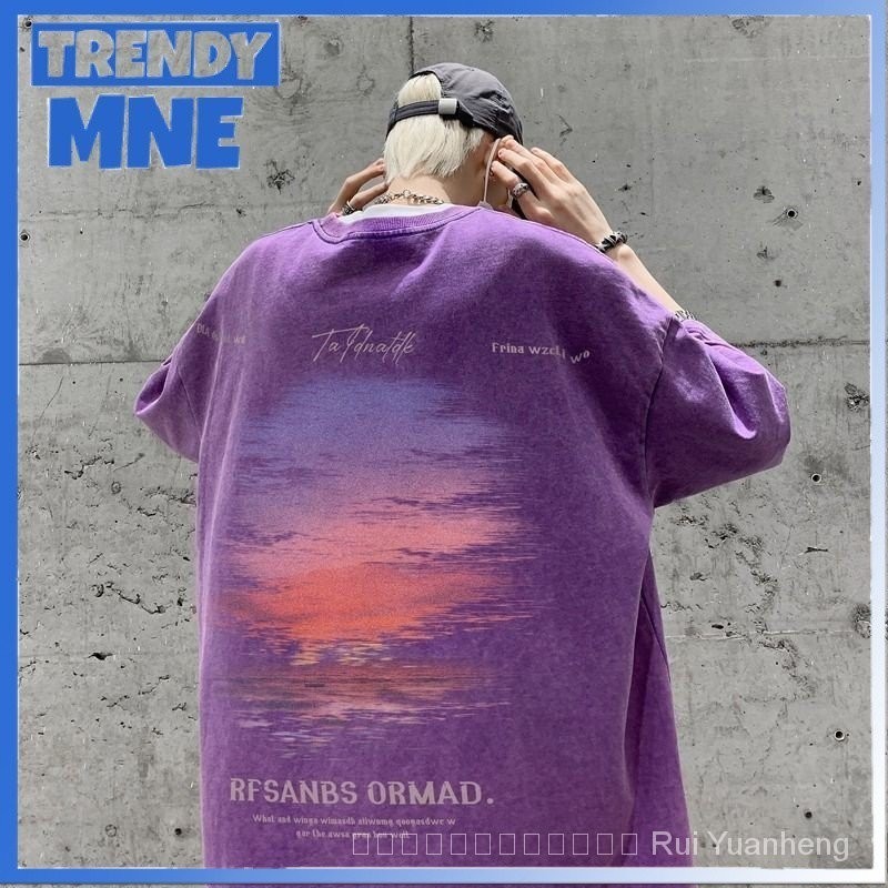 เสื้อยืดแขนสั้น พิมพ์ลาย High Street สีม่วง สไตล์ยุโรป อเมริกัน เรโทร แฟชั่นฤดูร้อน สําหรับผู้ชาย และผู้หญิง