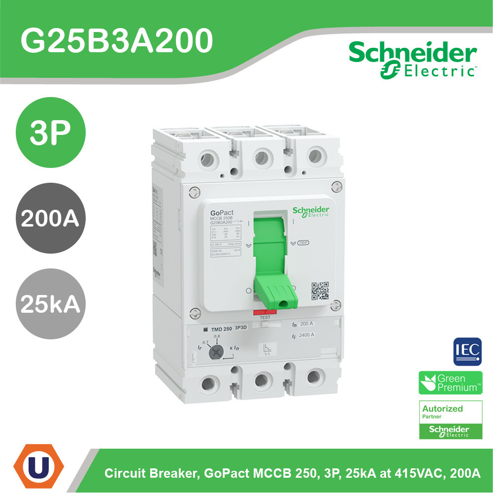 Schneider G25B3A200 เซอร์กิตเบรกเกอร์ GoPact MCCB ชนิด 3โพล 200A 25kA at 415VAC ขนาดเฟรม 250A สั่งซื