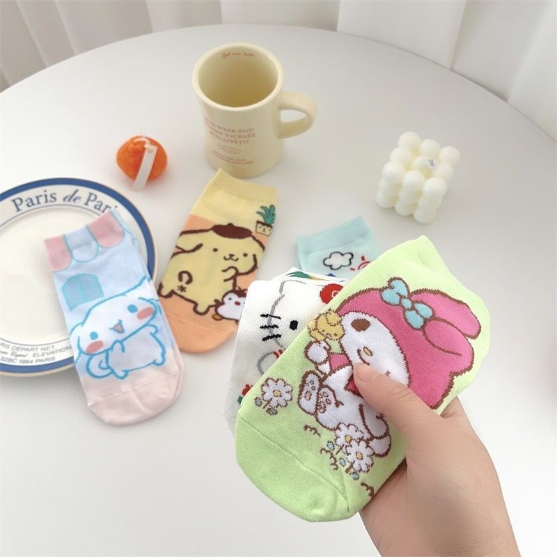 ถุงเท้า Sanrio ญี่ปุ่น Cinnamoroll ถุงเท้าเรือตื้นบาง MyMelody สามารถฤดูใบไม้ผลิและฤดูร้อนถุงเท้าต่ําของขวัญ