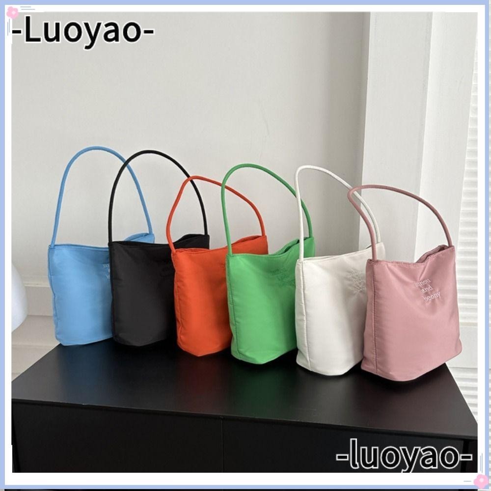 Luoyao กระเป๋าถือ กระเป๋าสะพายไหล่ ทรงโท้ท ปักลายตัวอักษร ความจุสูง สีพื้น สไตล์มินิมอล สําหรับสตรี