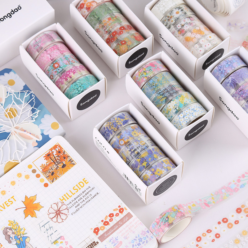เทปวารสาร แบบใส ลายการ์ตูนดอกไม้น่ารัก DIY 5 ม้วน