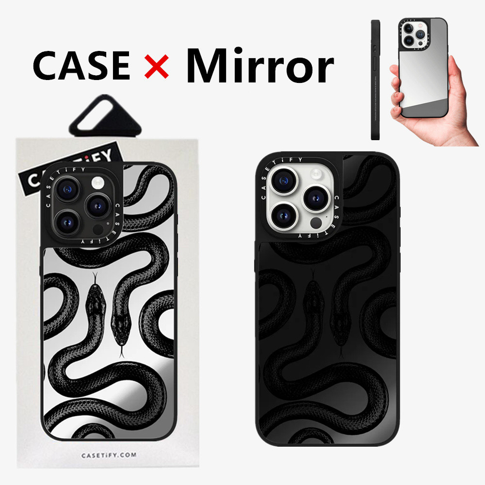 Casetifg เคสโทรศัพท์มือถือแบบกระจกแข็ง กันกระแทก ลายงู สีดํา คุณภาพสูง พร้อมกล่อง สําหรับ iPhone 15 11 12 13 14 Pro Max 14 15 Plus
