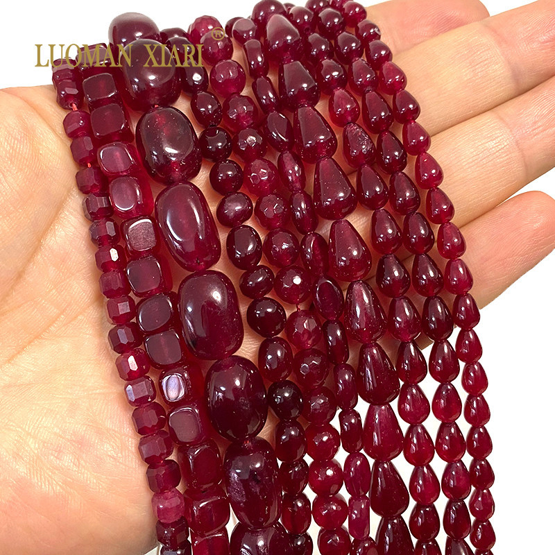 ธรรมชาติ Chalcedony Ruby หินสีแดงตาราง Abacus Drop รอบรูปไข่หลวม Spacer ลูกปัดสําหรับเครื่องประดับทํา Diy สร้อยข้อมืออุปกรณ์เสริม