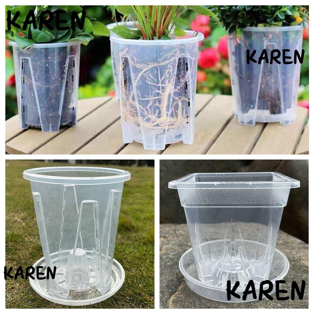 Karen กระถางดอกไม้พลาสติก แบบใส ทรงสี่เหลี่ยม ระบายอากาศ ควบคุมรากไฮโดรโปนิกส์ สําหรับปลูกกล้วยไม้