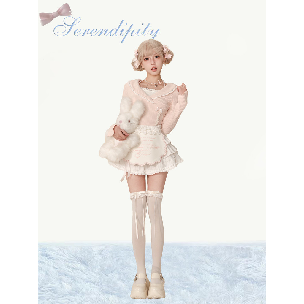 Sinsingirl Girl Coconut Dessert Workshop ฤดูใบไม ้ ผลิสีชมพูถักปลอมเสื ้ อแจ ็ คเก ็ ตสองชิ ้ น + กระโปรงเอวสูงสีขาว