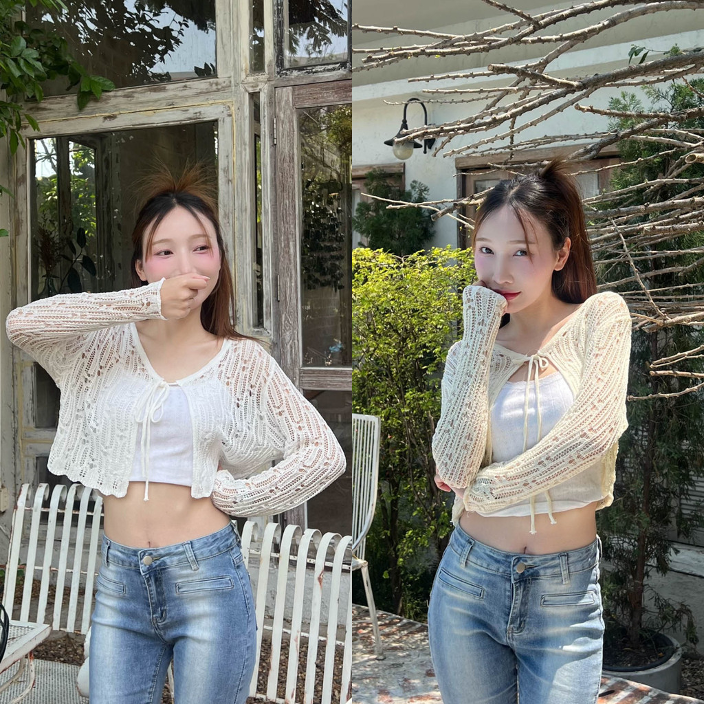 Aurora พร้อมส่ง เสื้อคลุมแขนยาวบาง แจ็คเก็ตถัก เสื้อเชิ้ตโปร่ง เสื้อถัก สามารถสวมใส่กับสายแขวนได้ 32177