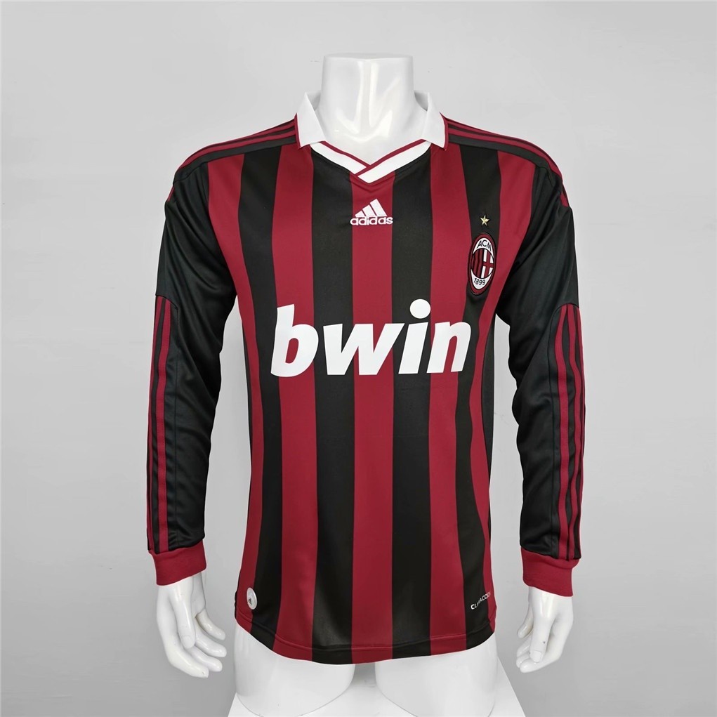 【retro Aaa 】เสื้อกีฬาแขนยาว ลายทีมชาติฟุตบอล AC Milan 09-10 ชุดเหย้า # Beckham # Maldini # Ronaldinho