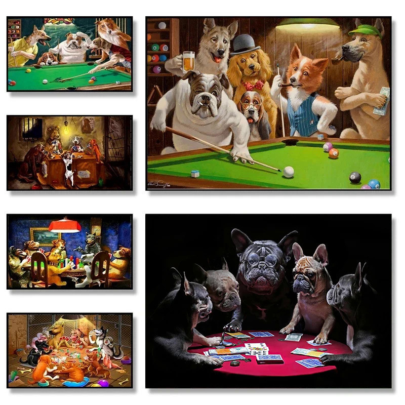 บทคัดย่อตลกสัตว์สุนัขเล่นโป๊กเกอร์เล่นบิลเลียดผ้าใบภาพวาดภาพผนังศิลปะโปสเตอร์พิมพ์ห้องนั่งเล่นตกแต่งบ้าน