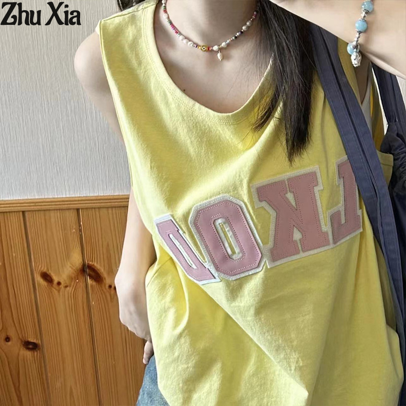 Zhu Xia เสื้อกั๊กกีฬา แขนกุด ทรงหลวม พิมพ์ลายตัวอักษร สีเหลือง สีชมพู สําหรับผู้หญิง