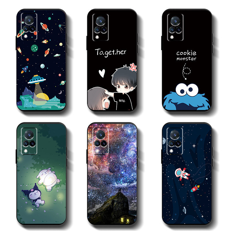 เคสโทรศัพท์มือถือ ยางซิลิโคนนิ่ม TPU กันแตก ป้องกันเต็มเครื่อง ลายการ์ตูน สีดํา สําหรับ VIVO V21 V2066