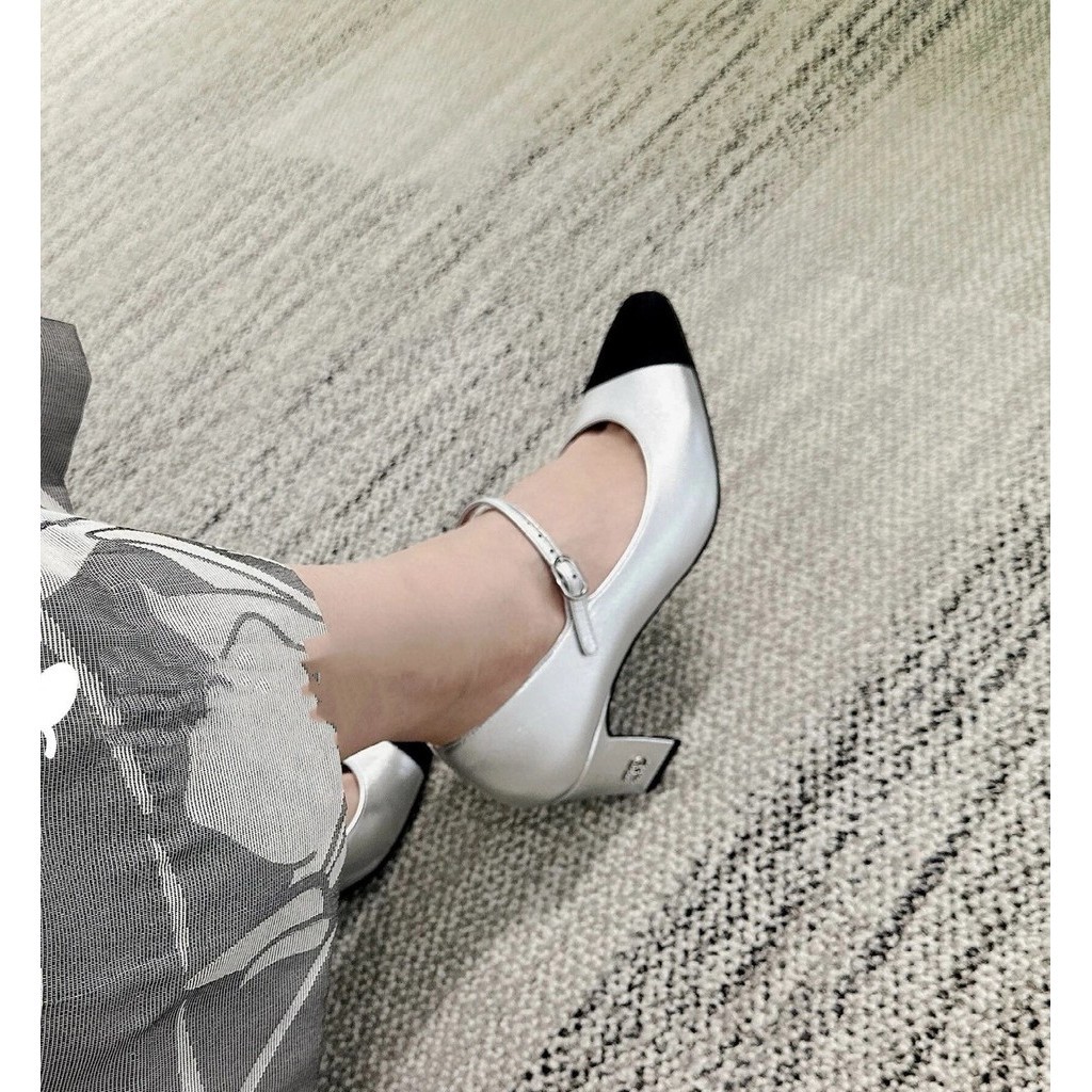 [คุณภาพสูง] Ch @ el Chanel รองเท้าแมรี่เจน หนังวัวแท้ ส้นสูง 24s สไตล์ชาแนล 2024