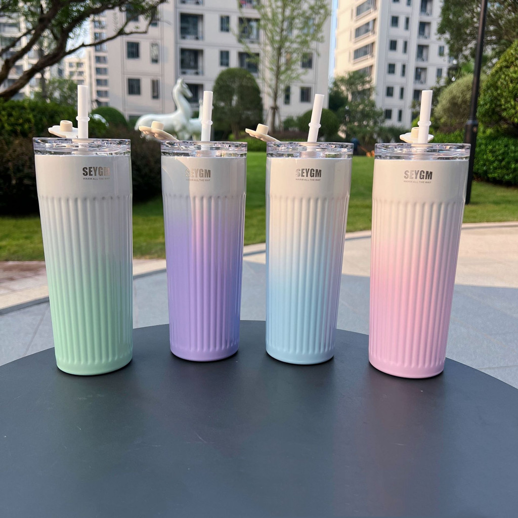 ถังเก็บน้ำอุ่นขวดน้ำ 304 การจัดเก็บความร้อนและเย็นไล่ระดับสีสแตนเลสฟางถ้วยแบบพกพารถถ้วยกาแฟ แก้วน้ำเย็น,ขวดน้ำ,ขวดน้ำสแต