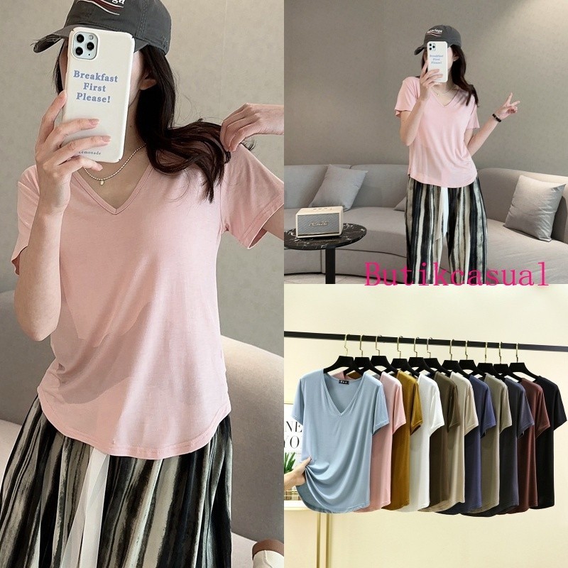 เสื้อยืดลําลอง แขนสั้น คอวี แบบบาง ยืดหยุ่น ใส่สบาย แฟชั่นฤดูใบไม้ผลิ และฤดูร้อน สําหรับสตรี 2024