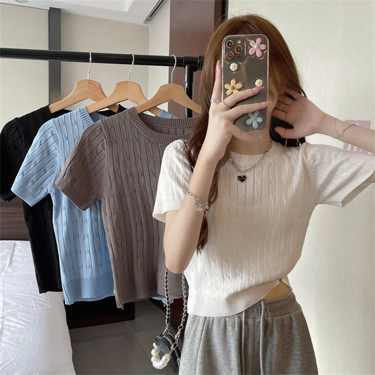 เสื้อยืดคอกลม แขนสั้น ผ้าถัก แบบบาง เข้ารูป ออกแบบดี เหมาะกับฤดูร้อน สไตล์เรโทร สําหรับผู้หญิง