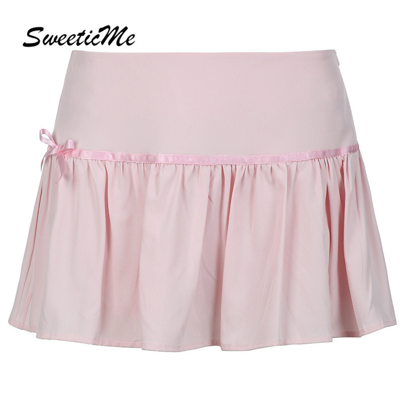 SweeticMe กระโปรงจีบเอวต่ําประดับโบว์หวานของผู้หญิง