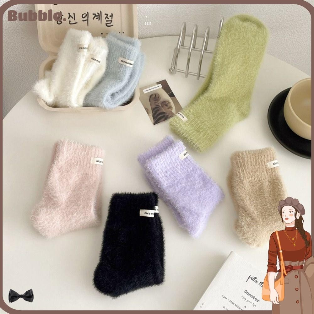 Bubble ถุงเท้า ผ้าแคชเมียร์ และผ้ากํามะหยี่ แบบหนา ให้ความอบอุ่น สีพื้น แฟชั่นฤดูหนาว สําหรับผู้หญิง