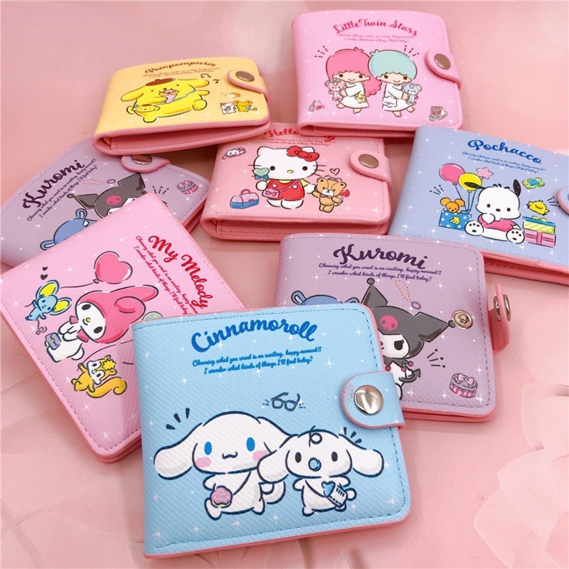 กระเป๋าสตางค์ หนัง PU ขนาดเล็ก แบบพกพา ลายการ์ตูน Sanrio Kuromi Melody Cinnamoroll Cat Dog น่ารัก แฟชั่นสําหรับสตรี