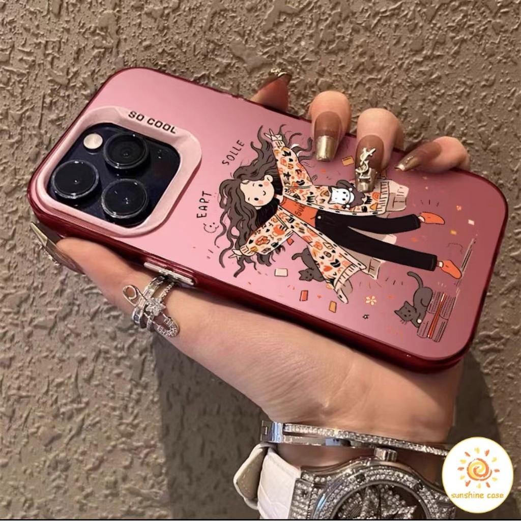 เคสโทรศัพท์ปุ่มโลหะสาวมีความสุข ไอโฟน11 For iPhone 11 12 13 14 15Pro MAX X XS XR XS 6 7 8Plus SE2020 เคสโทรศัพท์