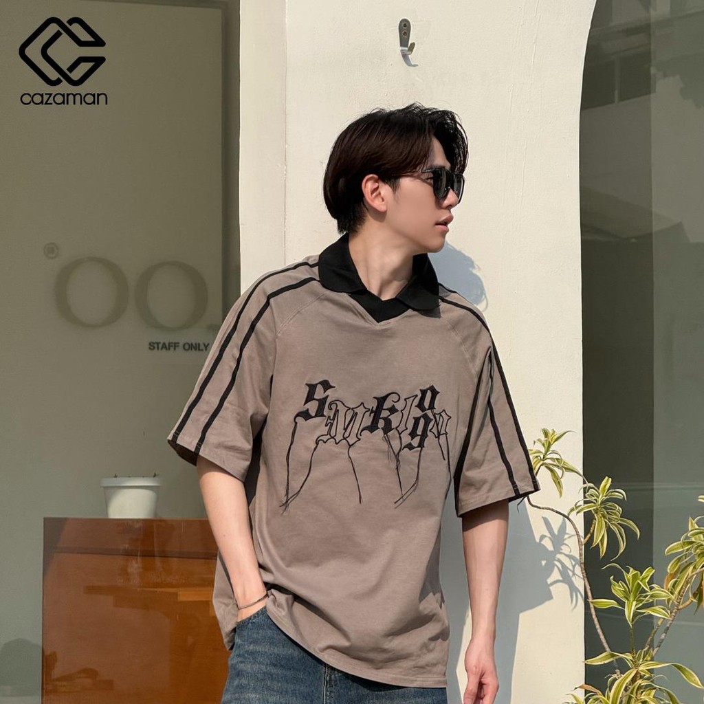 CAZAMAN เสื้อโอเวอร์ไซส์ เสื้อยืดคอกลม สีพื้น​ แขนสั้นสีขาว ทรงโอเวอร์ไซส์ 2174