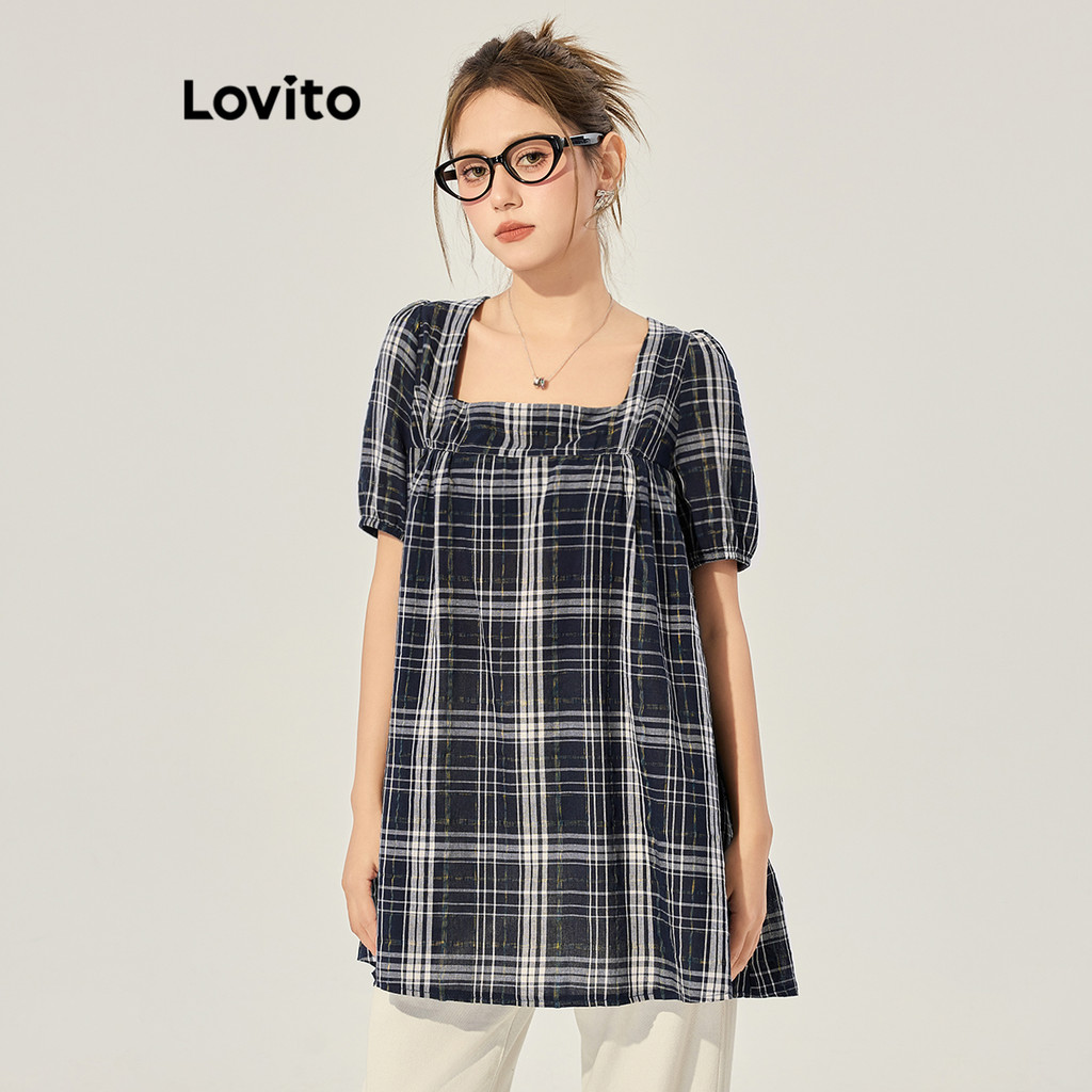 Lovito เสื้อเบลาส์ลายกิงแฮมสีบล็อกลำลองสำหรับผู้หญิง L117AD515