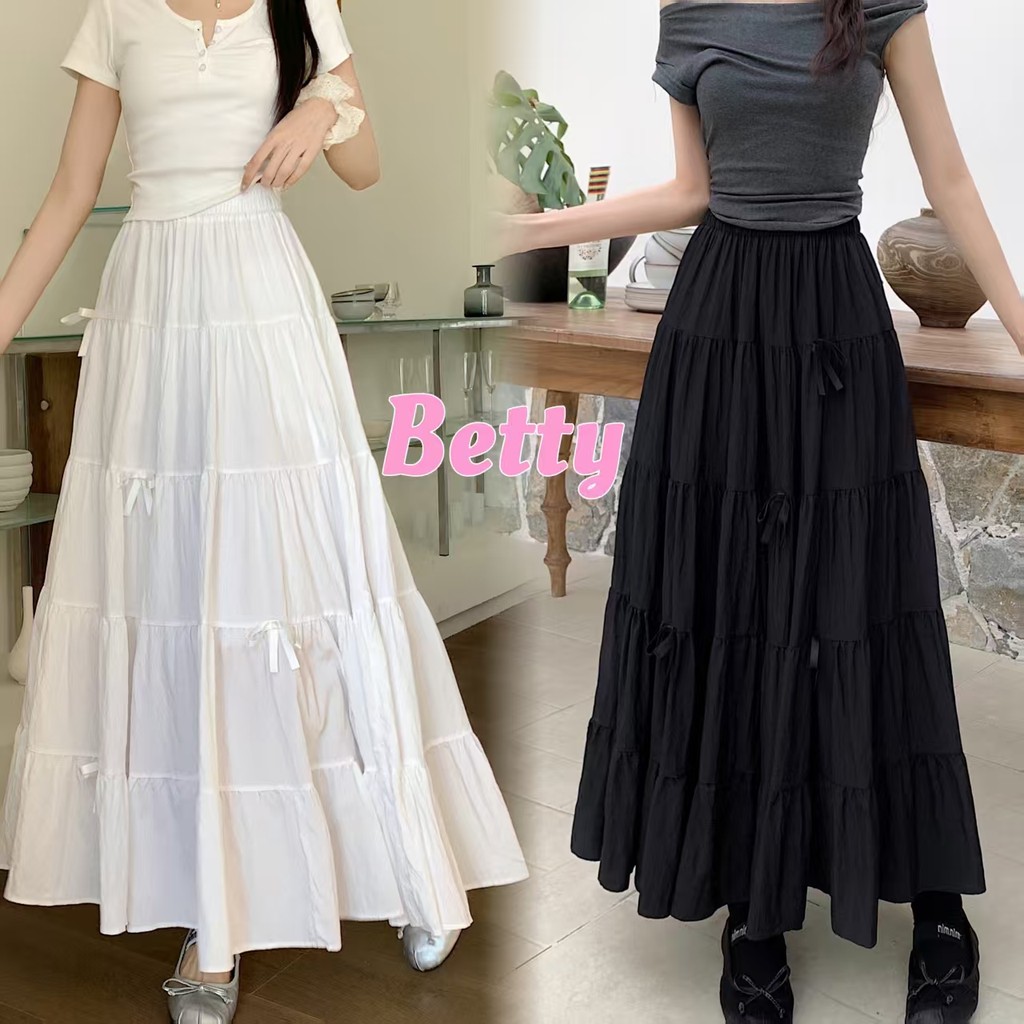 Betty house🌸พร้อมส่ง กระโปรงเค้กโบว์สไตล์อ่อนโยน กระโปรงยาวครึ่งตัวหวานสไตล์เกาหลีสำหรับผู้หญิง
