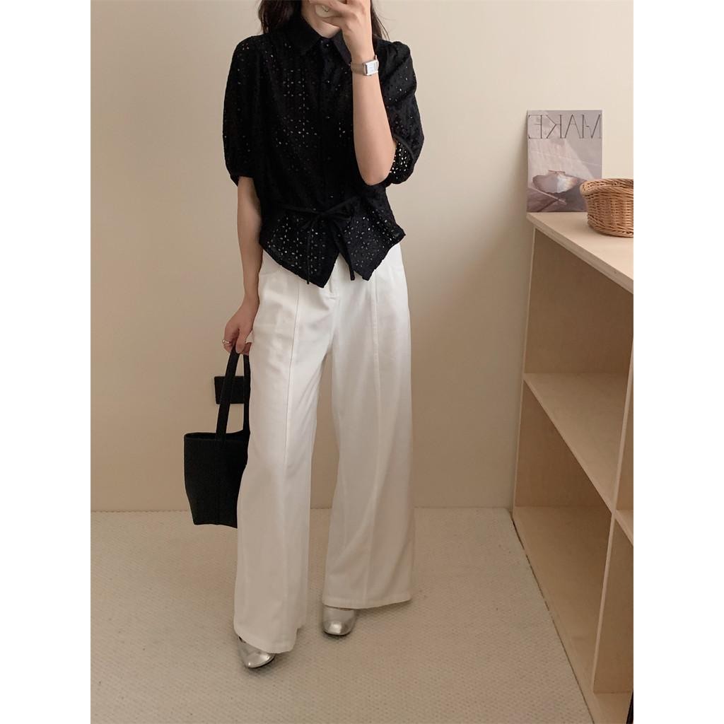 Dahong 💖เสื้อเบลาส์ลำลองสีพื้น แต่งตาไก่ เสื้อเชิ้ต ดูผอมบางเสื้อเชิ้ตแขนสั้น สำหรับสตรี แฟชั่น Women Clothing W518 - รูปที่ 5