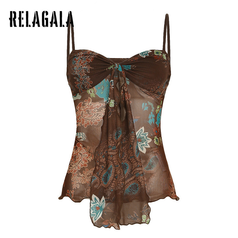 RELAGALA ผู้หญิง 2025 ใหม่แฟชั่นพิมพ์ธรรมดาเซ็กซี่ Halter คอแขนกุดตาข่าย Tank Top
