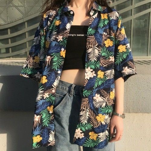 เสื้อเชิ้ตแขนสั้นลายดอกไม้ สไตล์เกาหลีทรงหลวม thumbnail 9