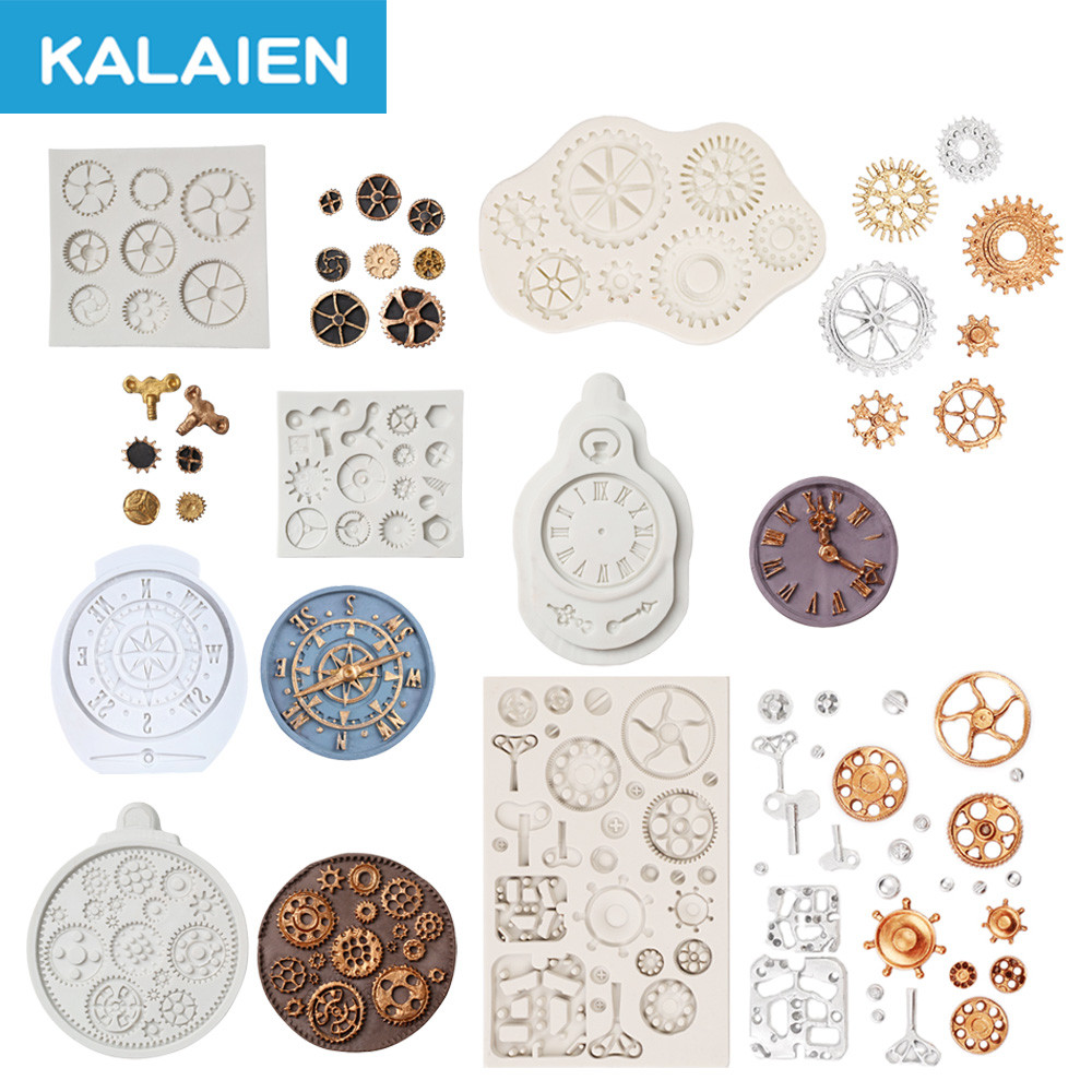 แม่พิมพ์ซิลิโคนฟองดอง KALAIEN 7 รูปแบบ ธีมเครื่องจักรอุตสาหกรรม รูปทรงเกียร์ เข็มทิศ นาฬิกา แม่พิมพ์ DIY งานฝีมือจากน้ำตาล ดินโพลิเมอร์ การปั้นแป้ง ตกแต่งท็อปเปอร์คัพเค้ก