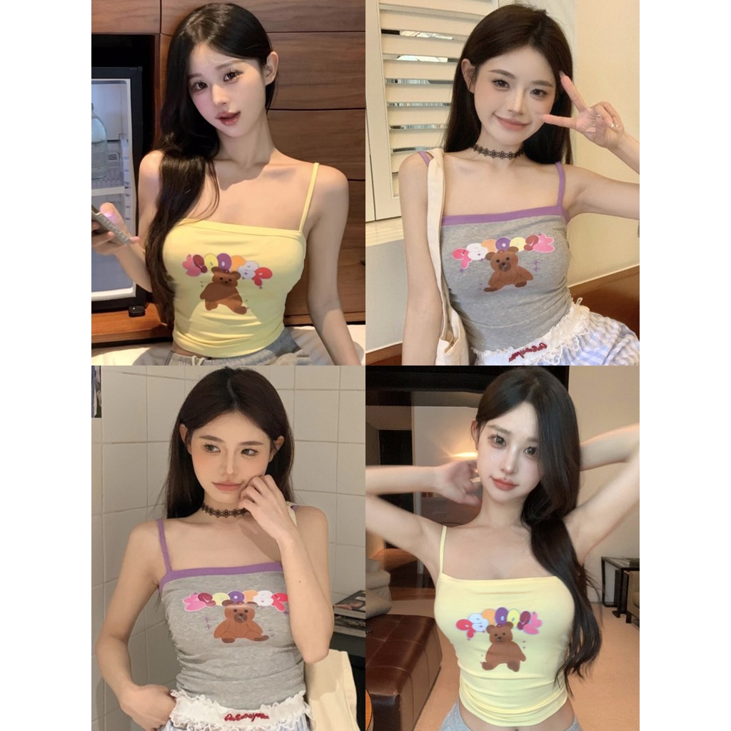 🌸Kayla🌸เสื้อสายเดี่ยว มีฟองน้ำ เข้ารูป คอเหลี่ยม ลายหมี ผ้ายืด เสื้อแขนกุด น่ารักมากๆ สไตล์เกาหลี ใส