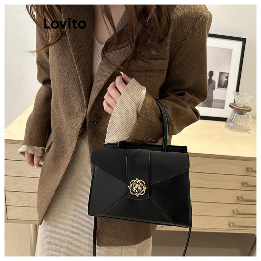 Lovito กระเป๋ากระเป๋าถือทรงพนังโลโก้โลหะธรรมดาหรูหราสําหรับผู้หญิง LFA65129