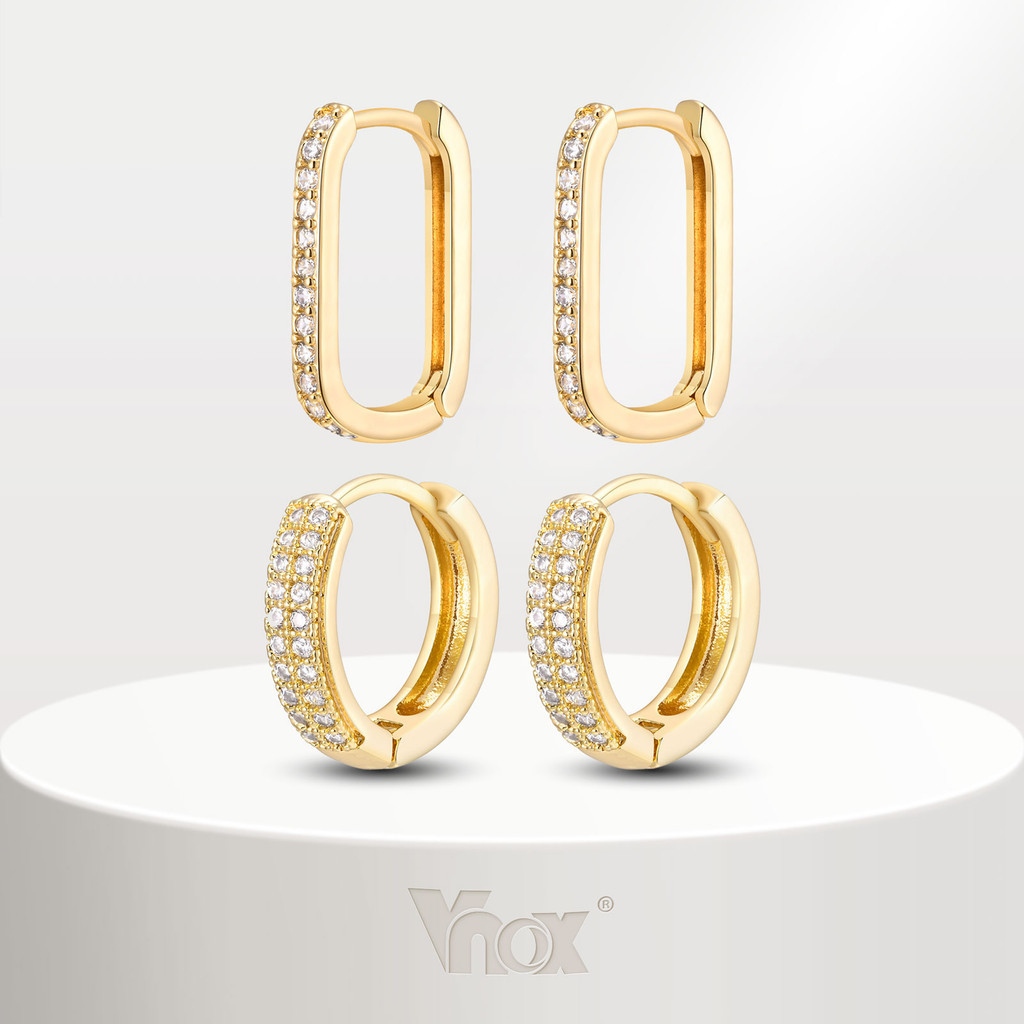 Vnox Huggie ต่างหู CZ Zircon ห่วงหูบางต่างหูกระดูกอ่อนสําหรับผู้หญิงรอบสแควร์ต่างหูเจาะเครื่องประดับ