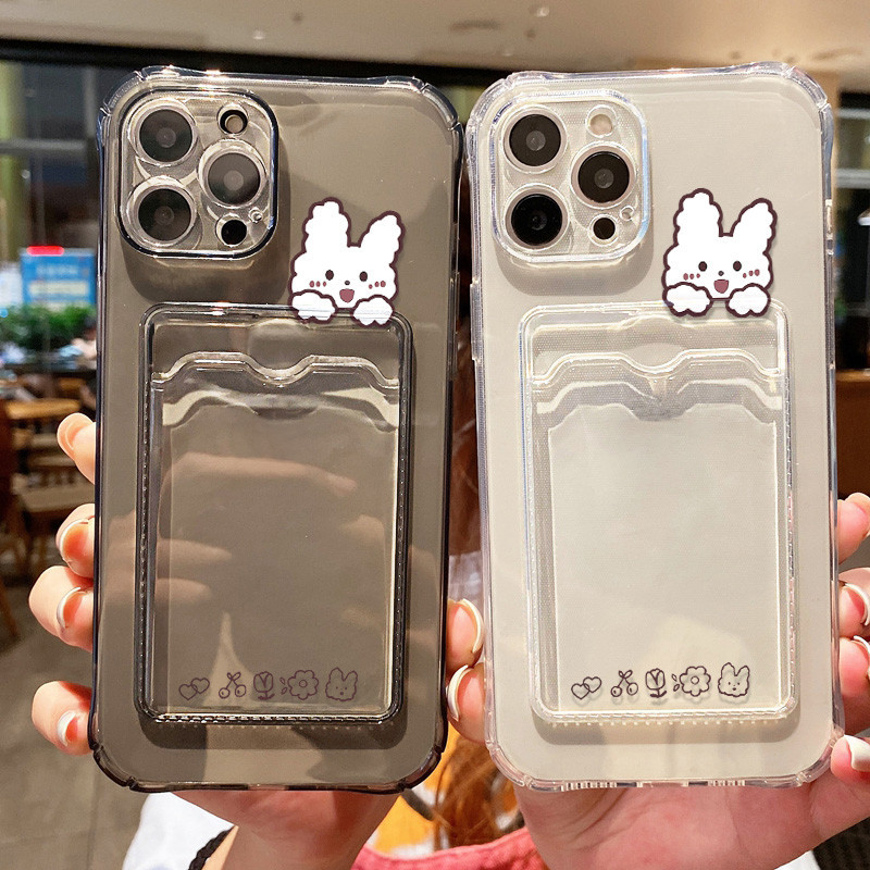 Cute Rubbit กระเป๋าใส่บัตร เคสโทรศัพท์ for iPhone 11 12 13 14 15 Pro Max Xr X Xs Max 7 8 Plus SE กระเป๋าใส่การ์ด ปิดบัง