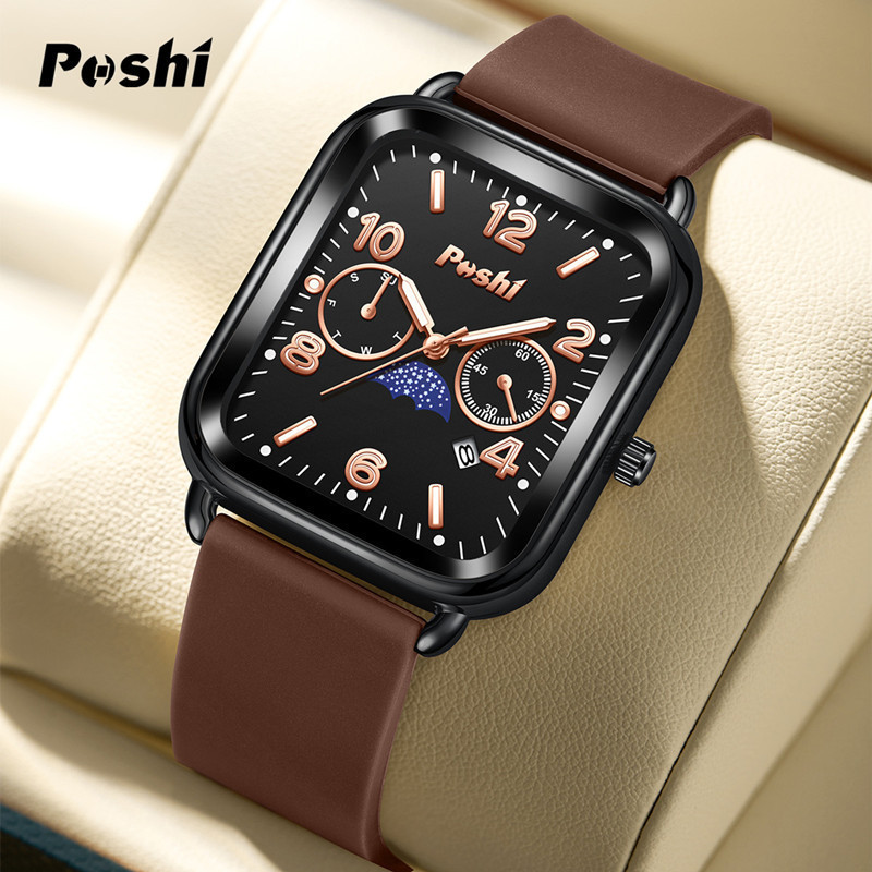POSHI นาฬิกาผู้หญิงสีดําสีน้ําตาล Elegant Casual ธุรกิจเพชรนาฬิกาควอทซ์กันน้ํา PS962