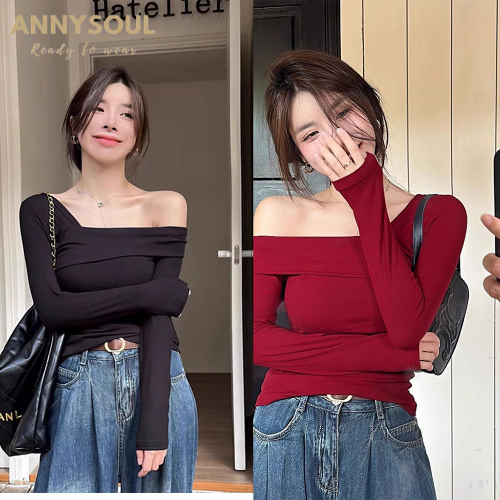 เปิดไหล่ข้างเดียวเก๋มาก ปาดไหล่เฉียงเก๋ๆ สุดน่ารัก สีพื้น