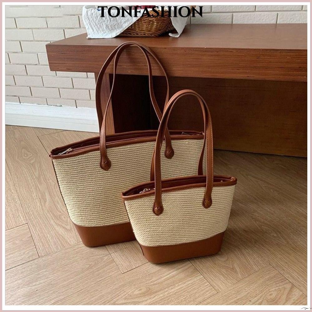 Tonfashion กระเป๋าสะพายไหล่ กระเป๋าถือ ฟางสาน แฮนด์เมด ขนาดใหญ่ เหมาะกับเดินชายหาด