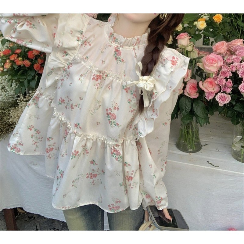 Xiao2 เสื้อเชิ้ตแขนยาว แขนพัฟ ลายดอกไม้ ทรงหลวม เข้ากับทุกการแต่งกาย แฟชั่นฤดูใบไม้ร่วง สําหรับผู้หญิง CUR9