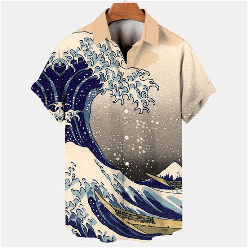 เสื้อเชิ้ตแขนสั้นลําลอง พิมพ์ลายการ์ตูนคลื่น และดอกไม้ ขนาดใหญ่ หรูหรา แฟชั่นฤดูร้อน สไตล์ฮาวาย สําหรับผู้ชาย