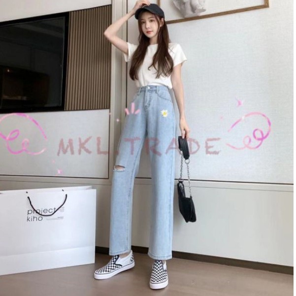 Cynthiaพร้อมส่ง กางเกงยีนส์ขายาว ทรงกระบอก ลายปักดอกไม้ รูปที่ 3