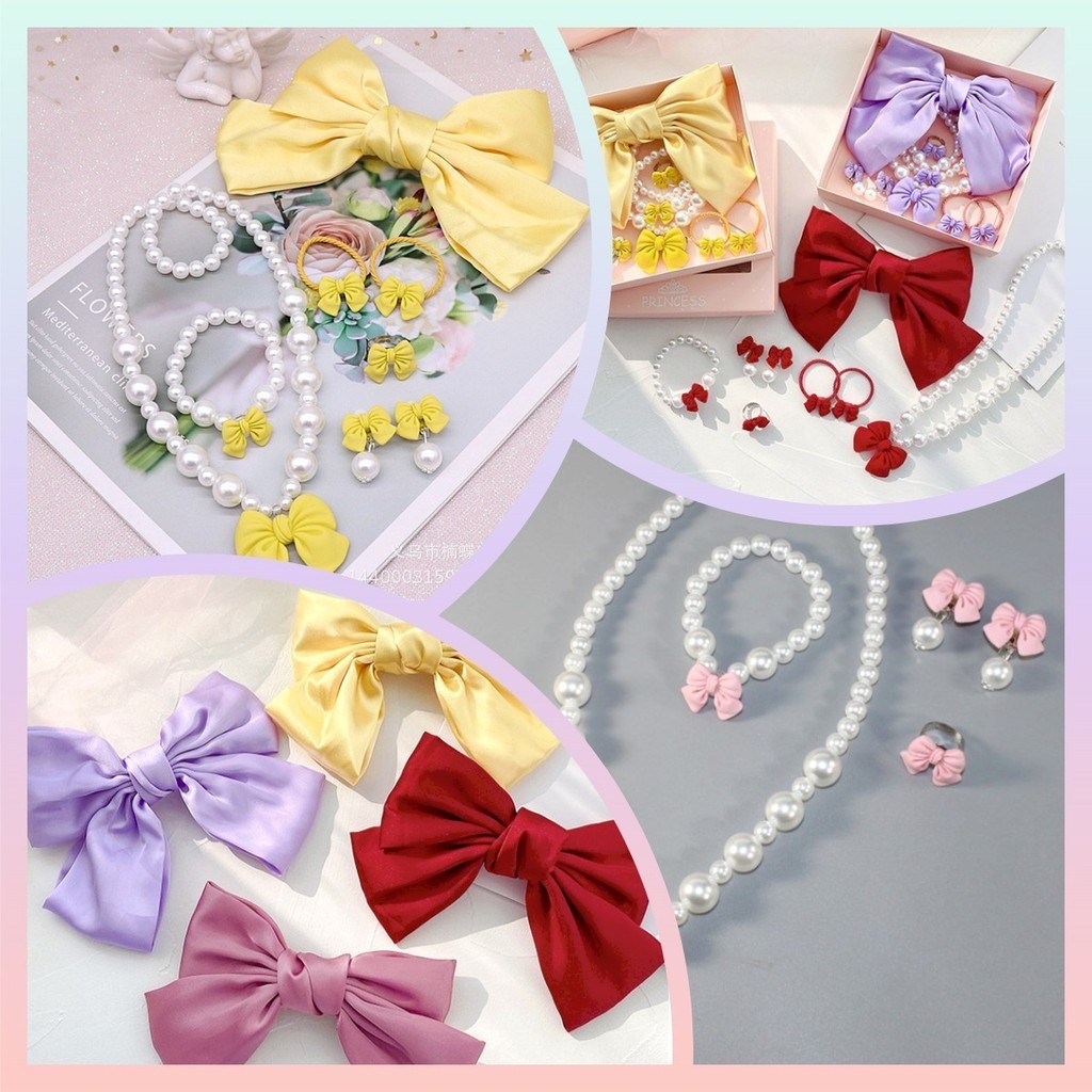 ชุดเครื่องประดับ สร้อยคอ ต่างหู  ไข่มุก ลายโบว์ สำหรับเด็กผู้หญิง
